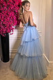 A Line Light Blue Tiered Tulle Sweetheart Prom Dresses,WQ112