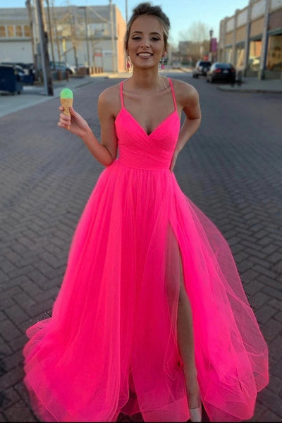 Sweetheart Neck High Low Hot Pink Tulle Lace Prom Dresses, Hot