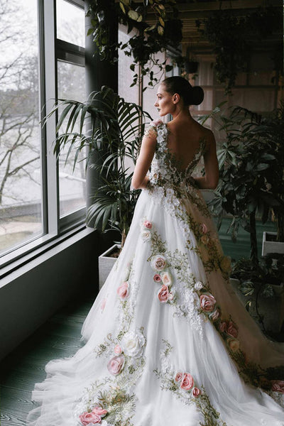 Gorgeous A-Line White Wedding Dress With Roses Floral,WW226 – winkbridal