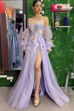 3D Floral Lavender Prom Dress with Detachable Sleeves Long Party Dress Wp459