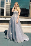 A-Line Gray Tulle Long Prom Dress With Appliques,WP342