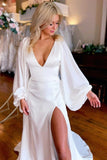 A-Line V-Neck White Satin Long Sleeve Wedding Dress WIth Slit WW322