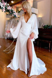 A-Line V-Neck White Satin Long Sleeve Wedding Dress WIth Slit WW322