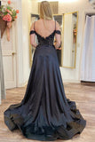 A Line Cold-Shoulder Beaded Black Prom Dress With Slit Wp456