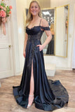 A Line Cold-Shoulder Beaded Black Prom Dress With Slit Wp456