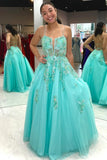 A Line Spaghetti Straps Turquoise Tulle Prom Dress Long Evening Dress Wp457