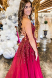 Burgundy Tulle Cross Back Long Prom Dress With Slit,WP065