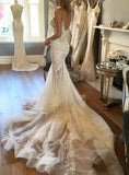 Mermaid White Tulle Wedding Dress With Appliques,WW298