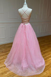 Shiny A-line Spaghetti Straps Lace Up Tulle Prom Dress,WP218