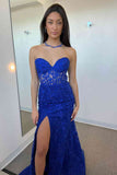 Strapless Corset Lace Long Prom Dress With Slit,WQ122