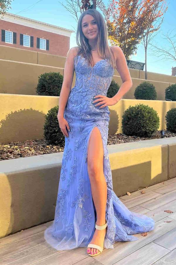 Strapless Corset Lace Long Prom Dress With Slit,WQ122