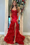 Strapless Mermaid Red Corset Long Prom Dress Sparkly Party Dress Wp460