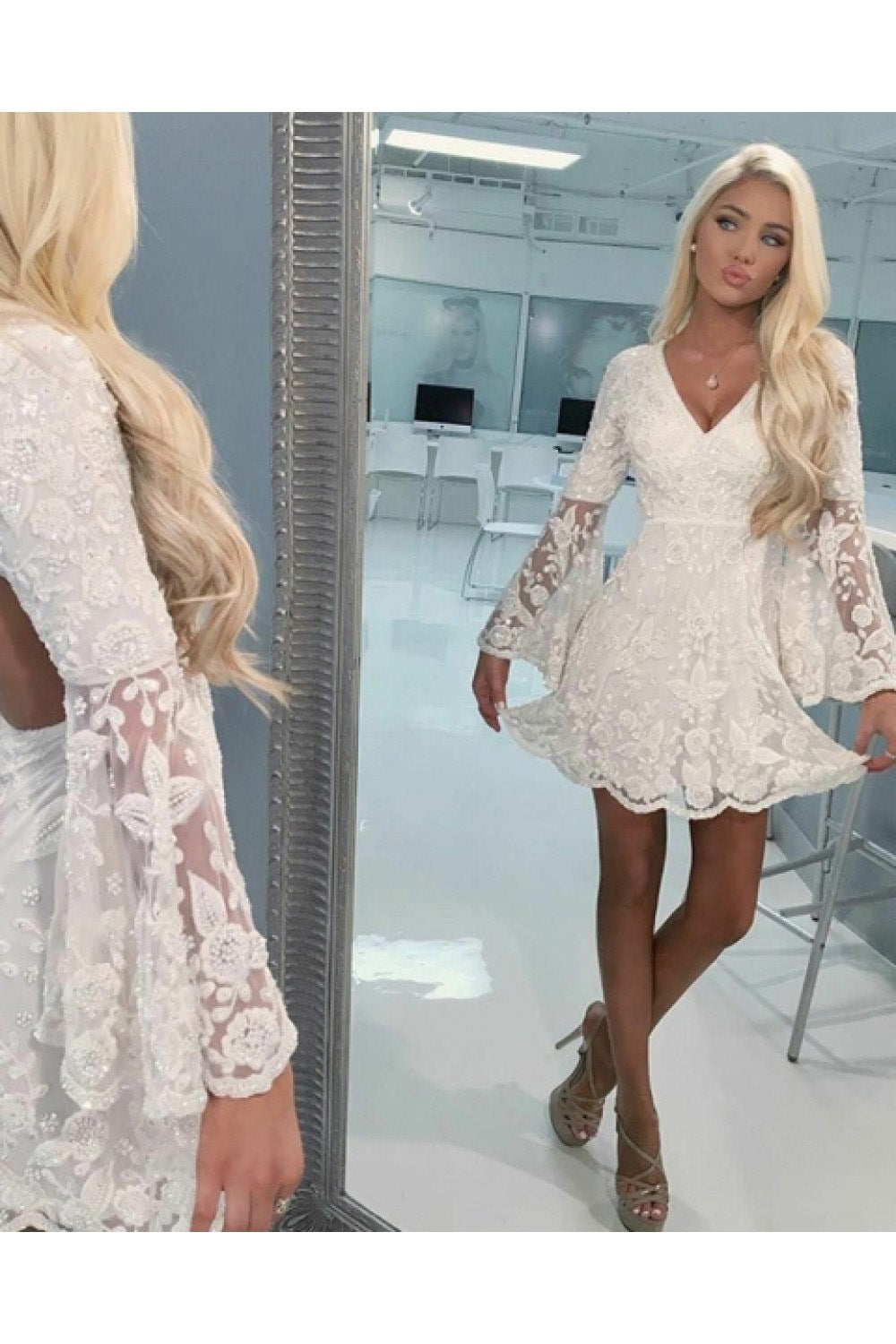 V Neck Ivory Lace Short Homecoming Dress With Bell Sleeves,WD273