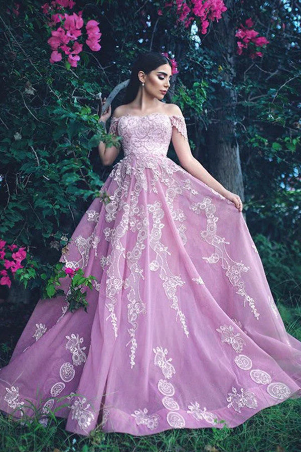 Off The Shoulder Tulle Prom Ball Gown With Lace Appliques,WP131