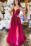 Burgundy Tulle Cross Back Long Prom Dress With Slit,WP065