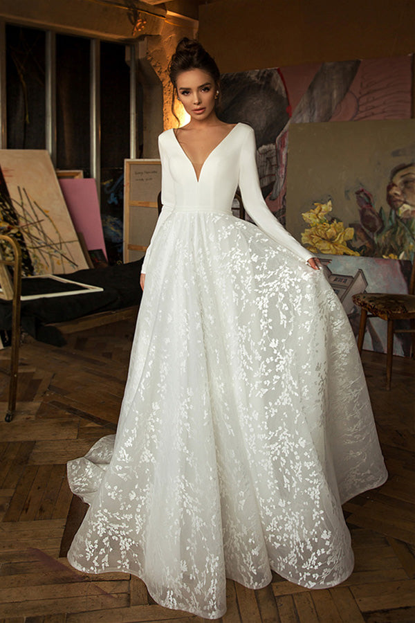 Elegant A Line Long Sleeve Lace Wedding Dress,WW047