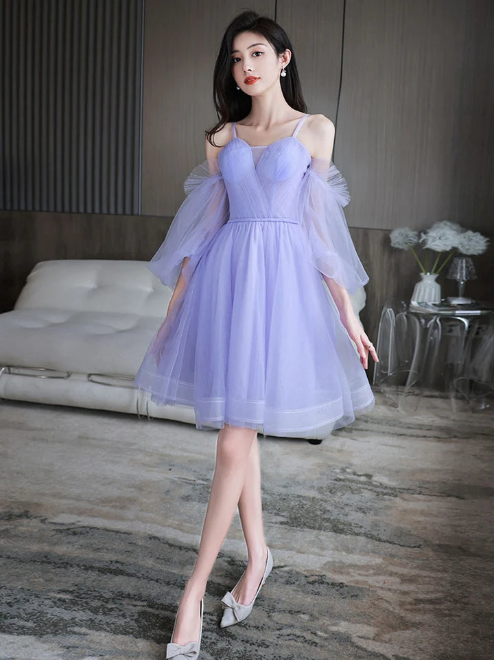 Puffy Purple Tulle Fairy Homecoming Dress With Sleeve WD260
