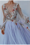 Chic Puffy Long Sleeve Illusion Neck Prom Dress With Appliques,WP244