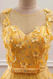 Beaded Yellow Tulle A-Line  Yellow Tulle Long Prom Dress With 3D Flowers,WP281Prom Dress With 3D Flowers,WP281
