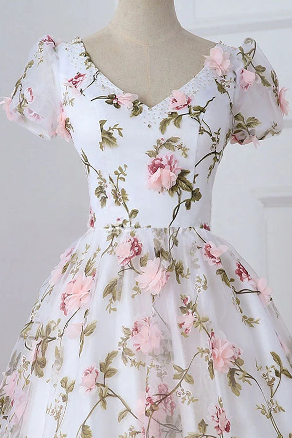 Gorgeous A-line Short Sleeve Floral Long Prom Dress,WP268