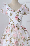 Gorgeous A-line Short Sleeve Floral Long Prom Dress,WP268