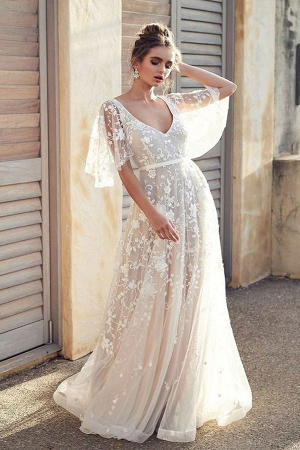 Cap Sleeve Beach Wedding Dress With Lace Appliques,WW043