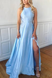A Line Sky Blue Satin Long Prom Dress Formal Dress,WP133