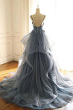 Lace Appliqued Prussian Blue Organza Prom Dress With Ruffles,WP084