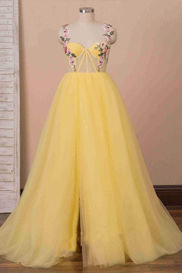 A Line Sweetheart Yellow Tulle Prom Dress Floral Party Dress,WP247