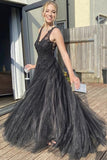 A Line V Neck Black Tulle Prom Dress Black Evening Dress,WP128