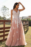 A Line Pink Tulle Long Prom Dress With Lace Appliques,WP289