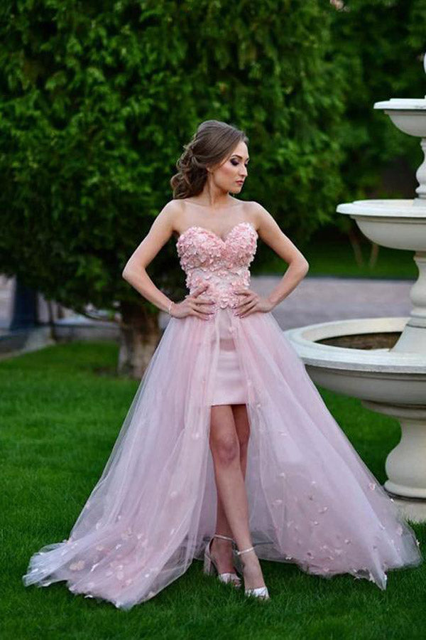 A Line Sweetheart Pink Tulle Prom Dress Floral Evening Dress,WP248