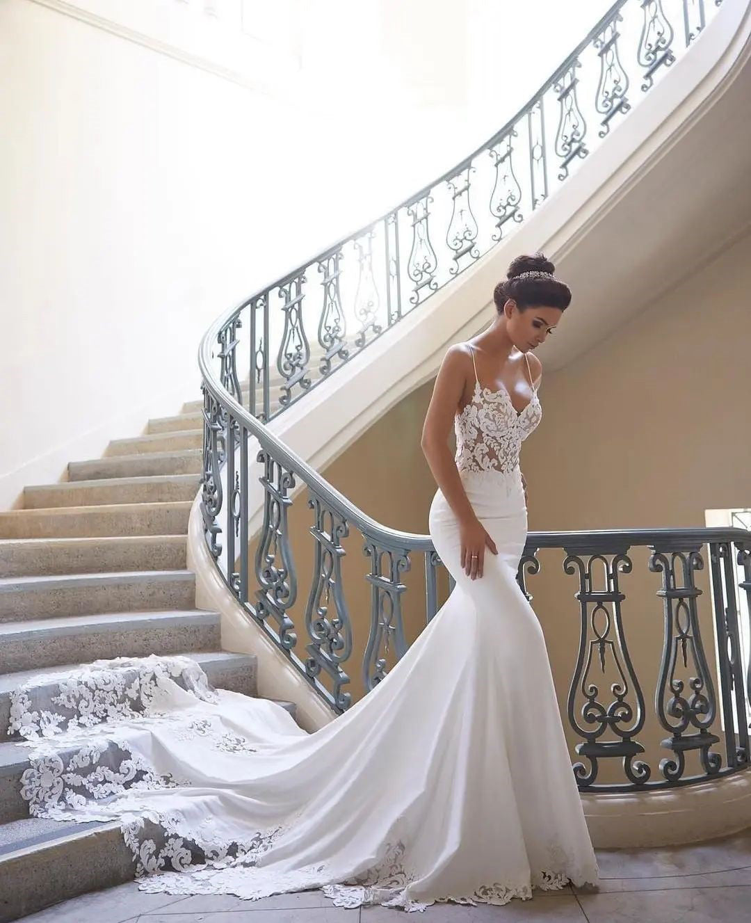 Mermaid Spaghetti Straps White Lace Wedding Dress Romantic Bridal Dress WW106