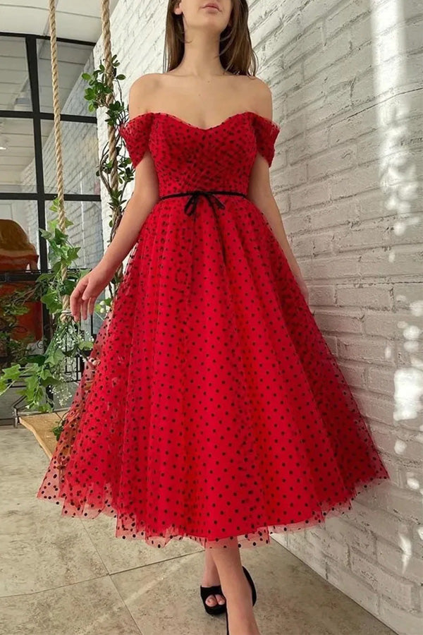 Red Tulle Off The Shoulder Tea Length Prom Dress Homecoming Dress,WP423