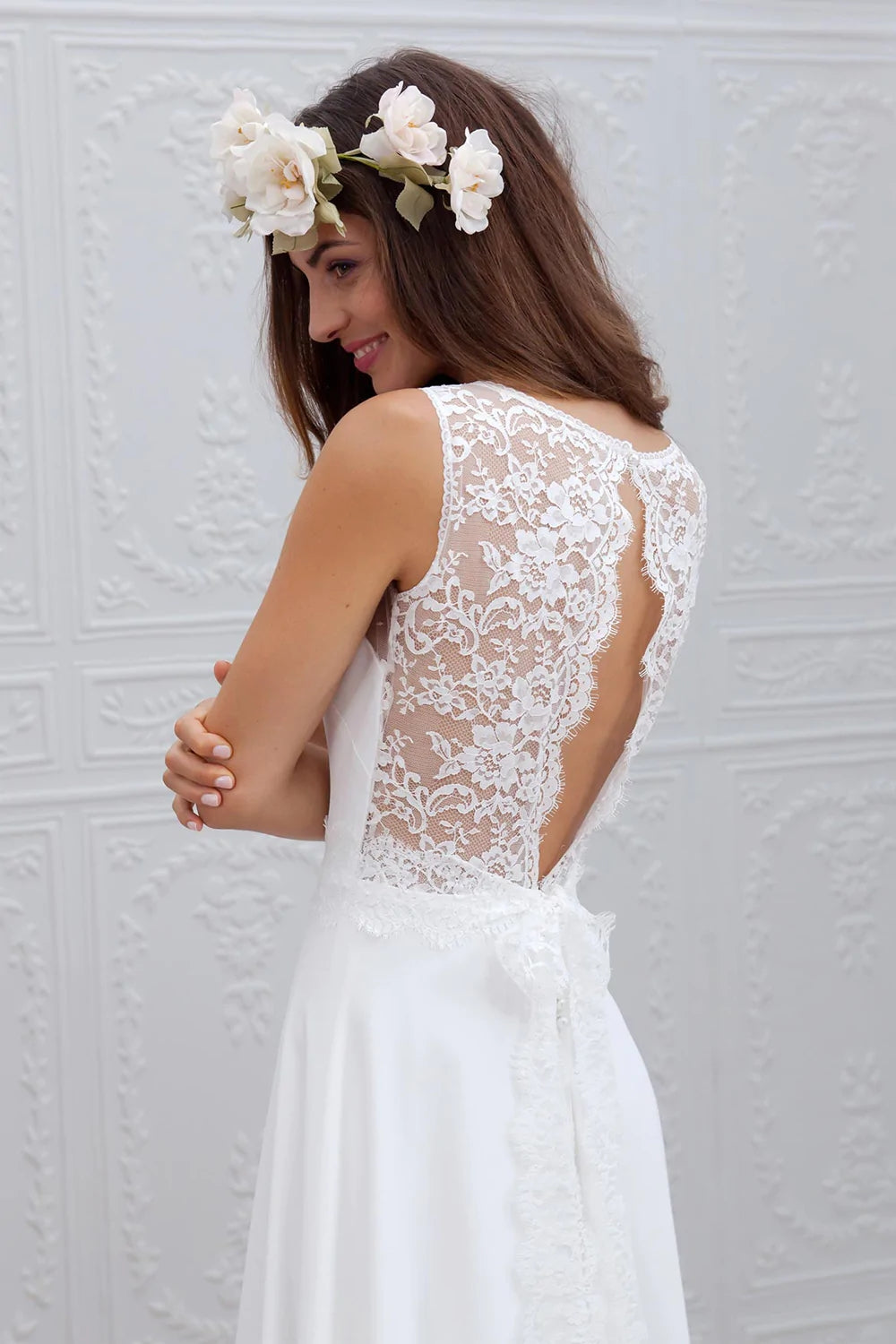 A Line White Chiffon Beach Wedding Dress,Open Back Bridal Gown,WW296