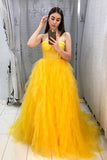 A Line Spaghetti Straps Yellow Tulle Prom Dress Formal Dress,WP138