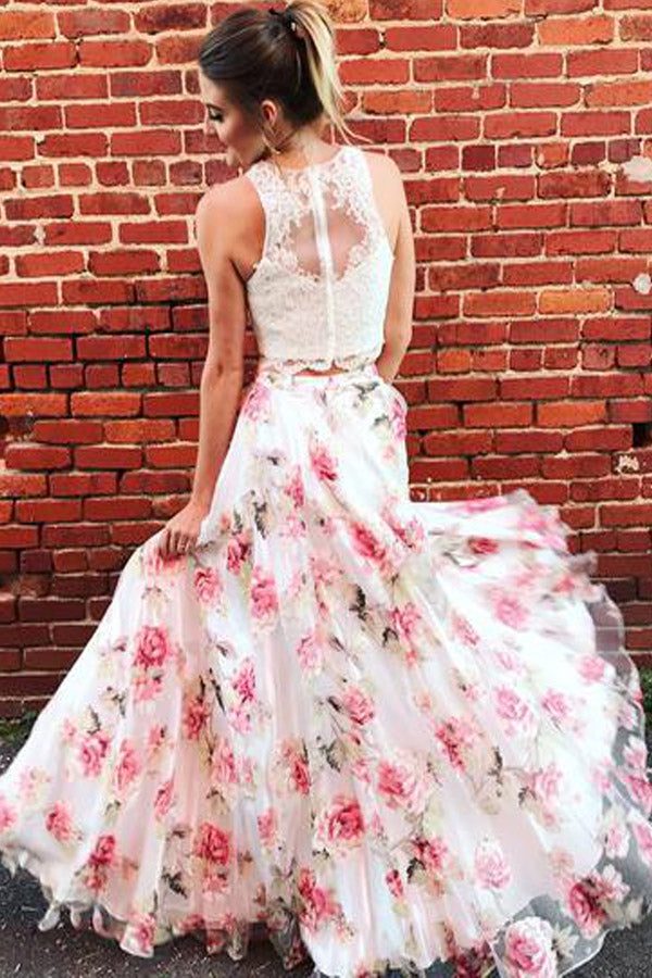 Two Piece Floral Print Tulle Prom Dress With Lace Top,WP225