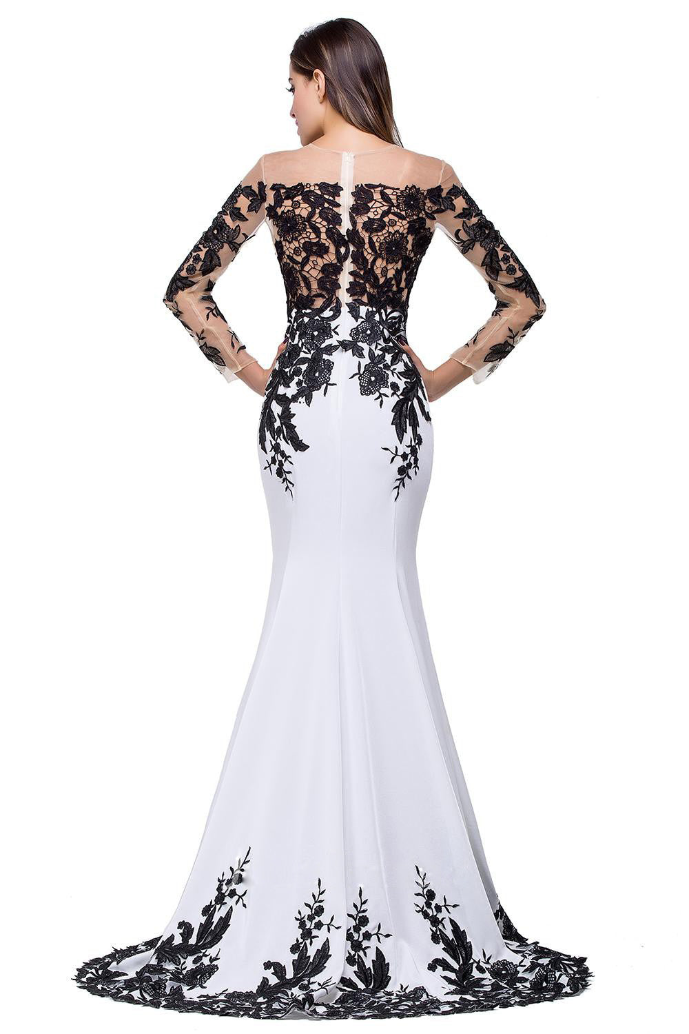 Elegant White Satin Mermaid Long Prom Dress Chic Black Lace Evening Gown WP441