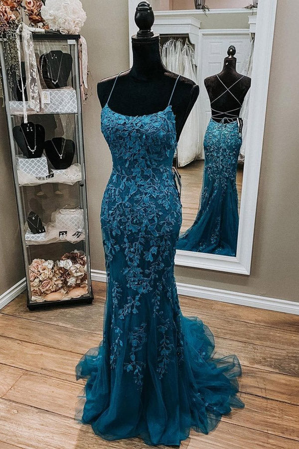 Charming Mermaid Spaghetti Straps Tulle Long Prom Dress With Lace Appliques,WP315