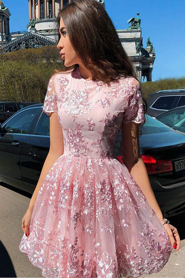 Gorgeous Short Sleeve Lace Short Prom Dress Homecoming Dress,WD156