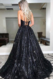 Shiny Sequins Black Evening Dress Spaghetti Straps Prom Dress,WP117