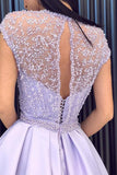 A-line Cap Sleeve Satin Prom Dress Beaded Slit Evening Dress,WP095