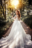 Ivory Tulle Illusion Neckline Long Sleeve Lace Appliqued Wedding Dress,WW256