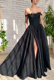 Black A Line Taffeta Long Prom Dress With Slit,WP308