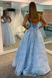 Shiny V Neck Spaghetti Straps Prom Dress Blue Formal Evening Dress,WP249