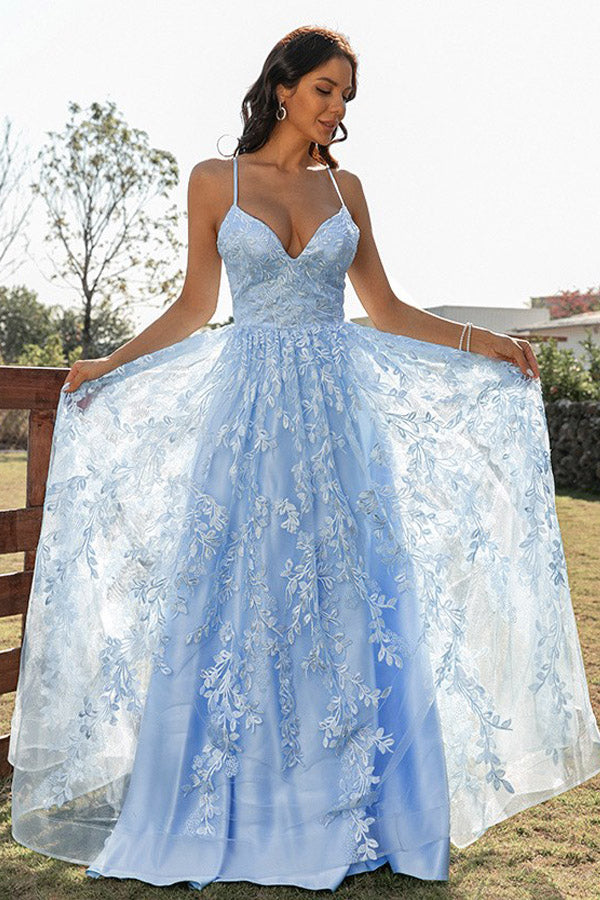 A Line Sky Blue Lace Appliques Prom Dress Lace Up Party Dress,WP288