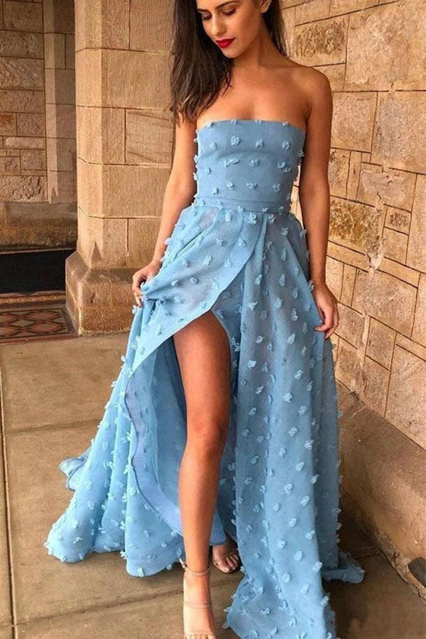 Strapless Sky Blue Lace Long Prom Dress Split Evening Dress,WP272