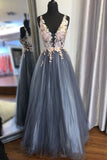 A Line Smoke Tulle Lace Appliques Prom Dress Evening Dress,WP159