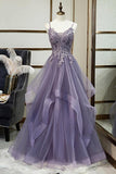 A Line Purple Tulle Prom Dress With Lace Appliques,WP239