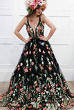 Unique Deep V Neck Floral Print Prom Dress Black Formal Dress,WP320